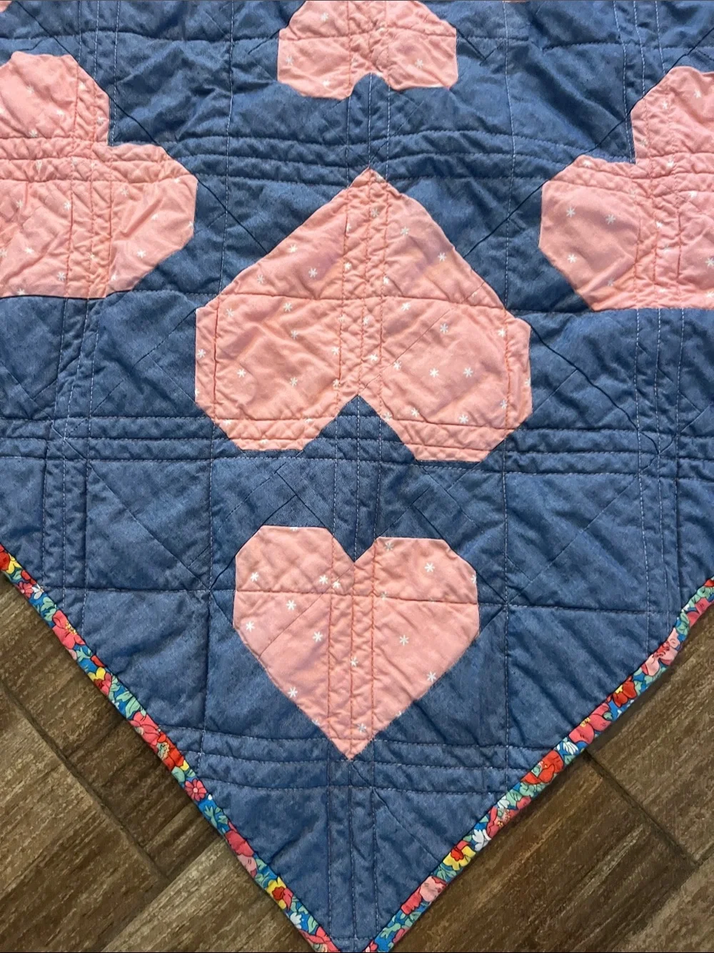 Kainani quilts Handmade baby Pink Heart Patchwork Quilt - Blue Background 32x34